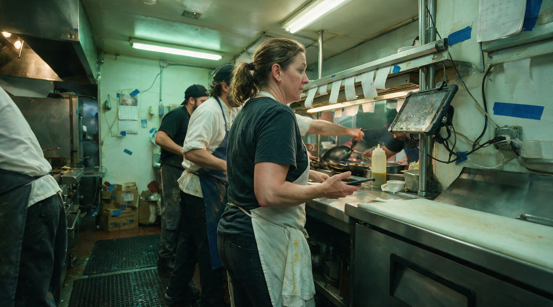 Restaurant kitchen during service, shown inside the SizzleStak workspace